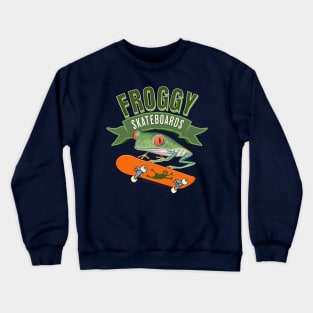 Cute and Funny Red Eyed Tree Frog using a flying frogs skateboard having a wonder time boarding Crewneck Sweatshirt